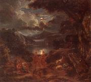 unknow artist A pastoral scene with shepherds and nymphs dancing in the moonlight by the edge of a lake Germany oil painting artist